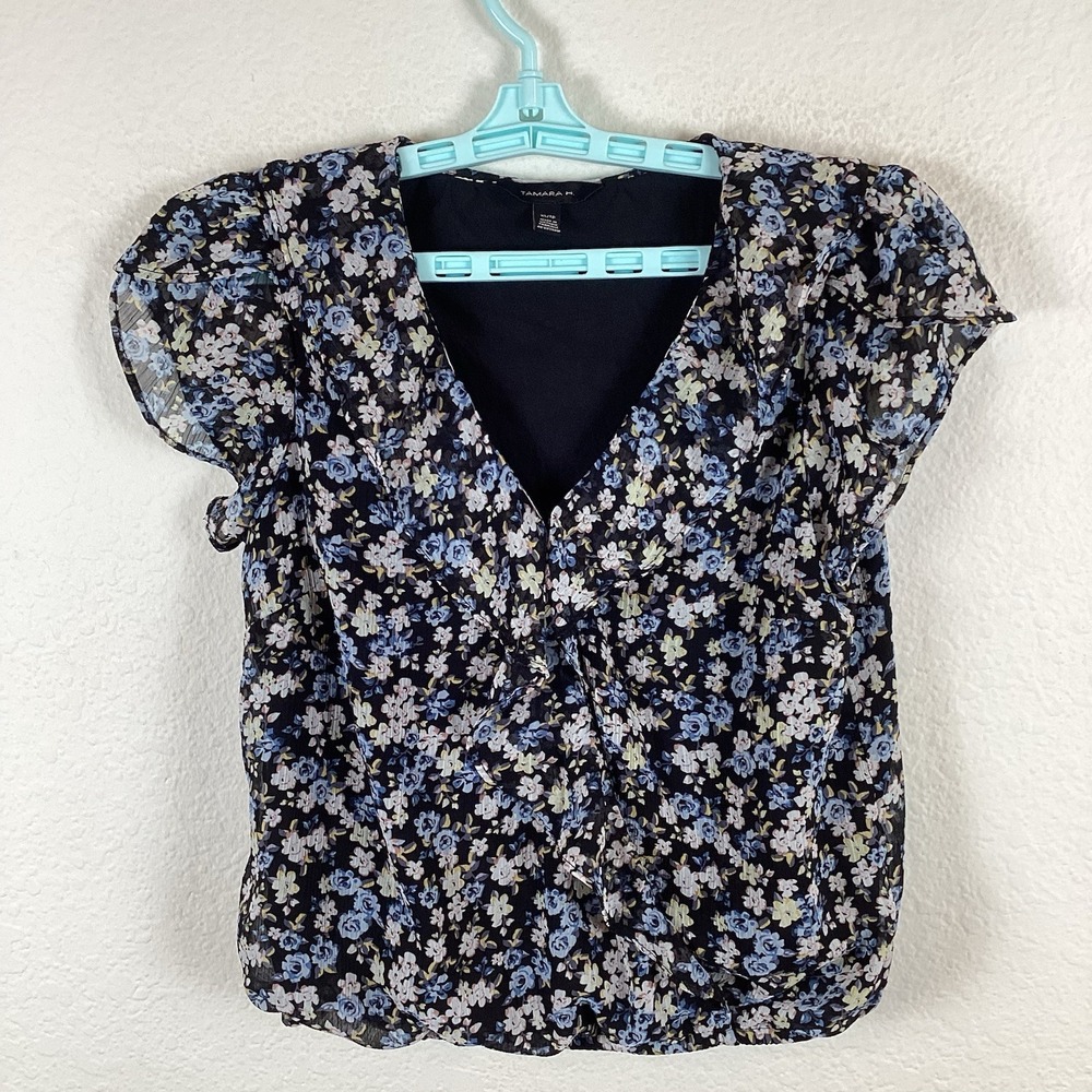 Tamara H. Womens T Shirt Sz XS Short Sleeve Blouse Floral V Neck Excellent
